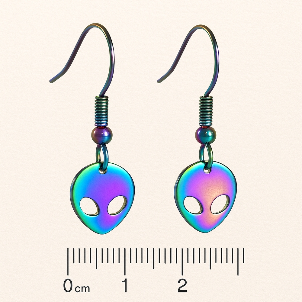Iridescent Rainbow Alien Head Dangle Earrings - Hypoallergenic Stainless Steel